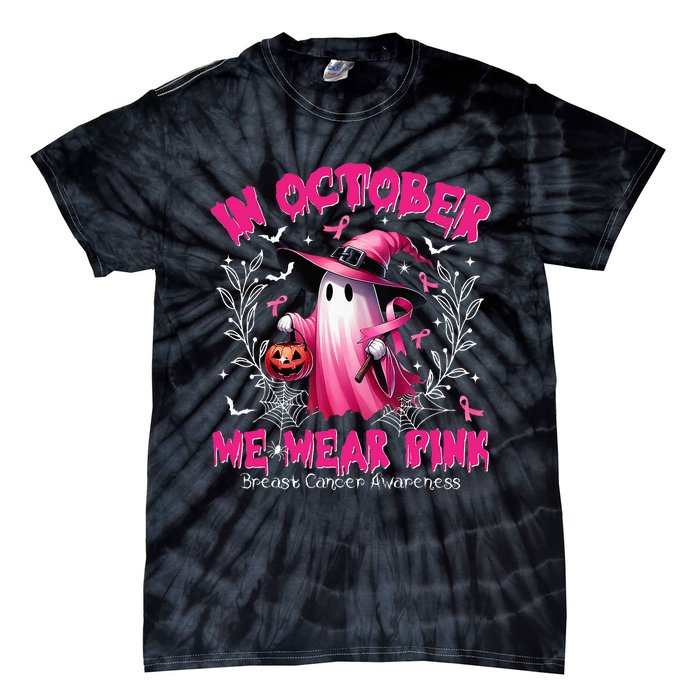 In October We Wear Ghost Witch Breast Cancer Awareness Tie-Dye T-Shirt