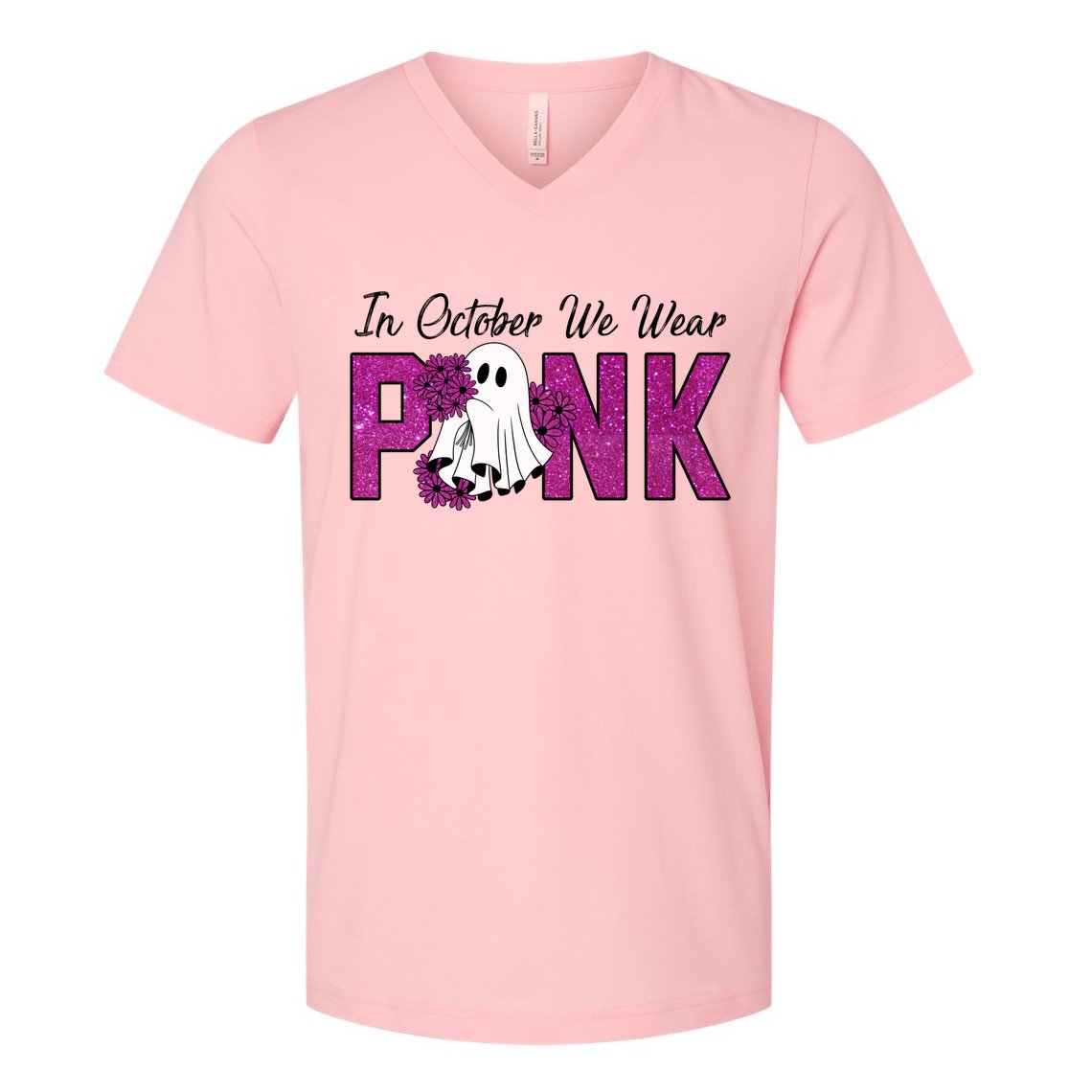 In October We Wear Pink Breast Cancer Awareness Halloween V-Neck T-Shirt