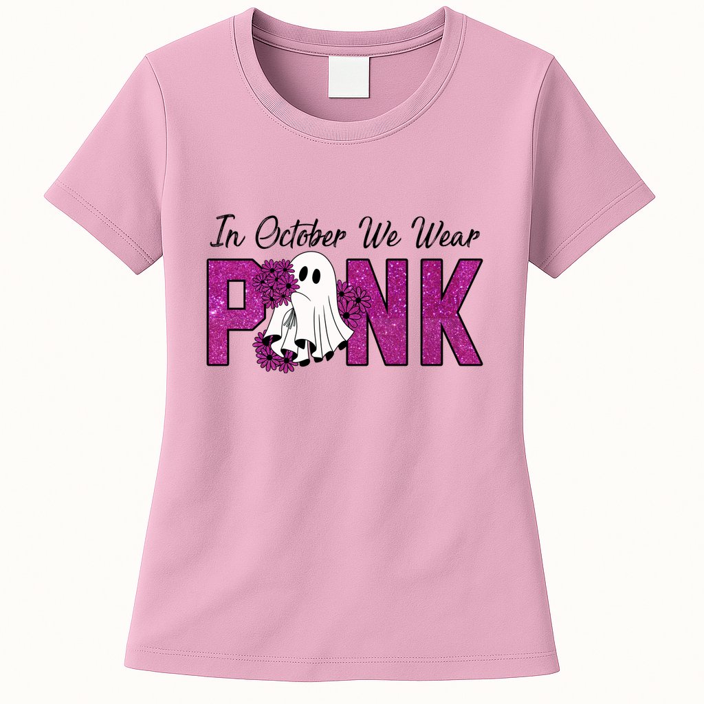 In October We Wear Pink Breast Cancer Awareness Halloween Womens T-Shirt