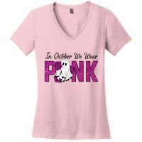 In October We Wear Pink Breast Cancer Awareness Halloween Women's V-Neck T-Shirt