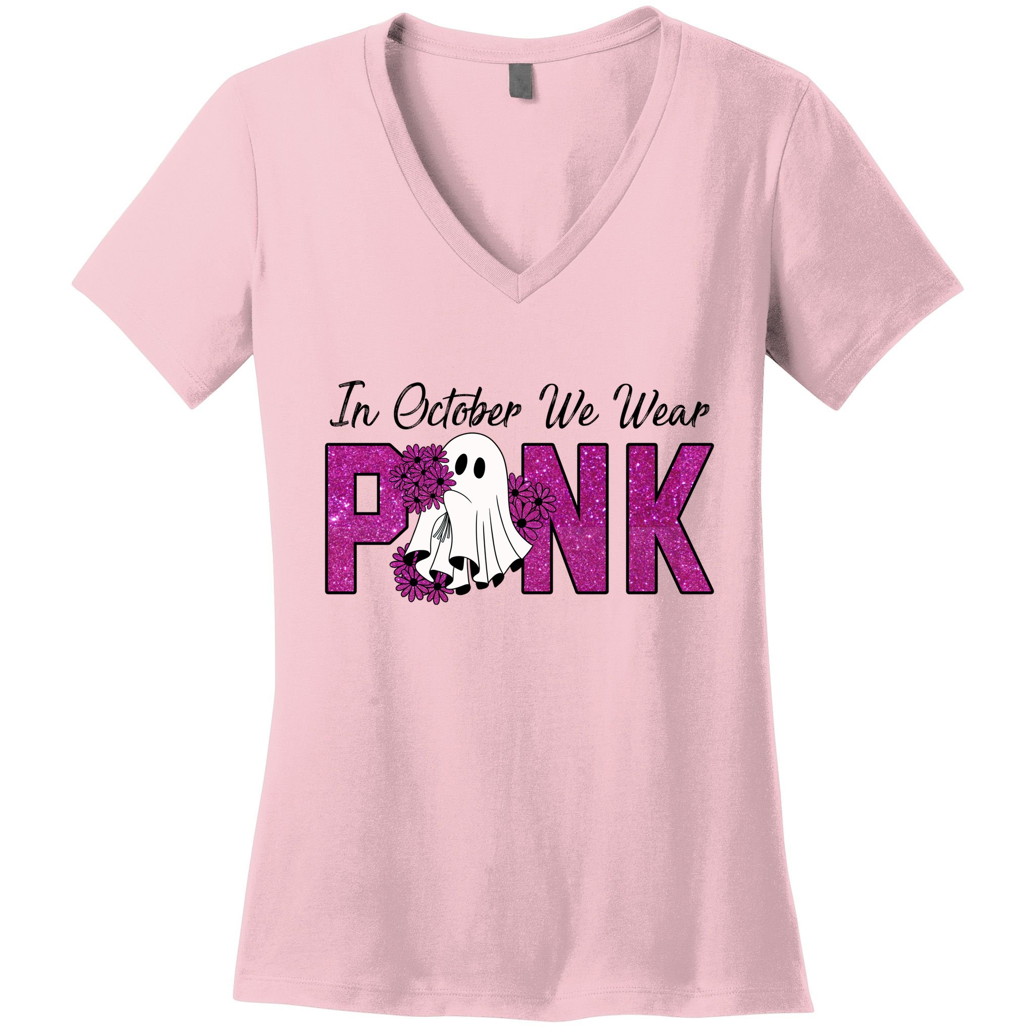In October We Wear Pink Breast Cancer Awareness Halloween Women's V-Neck T-Shirt