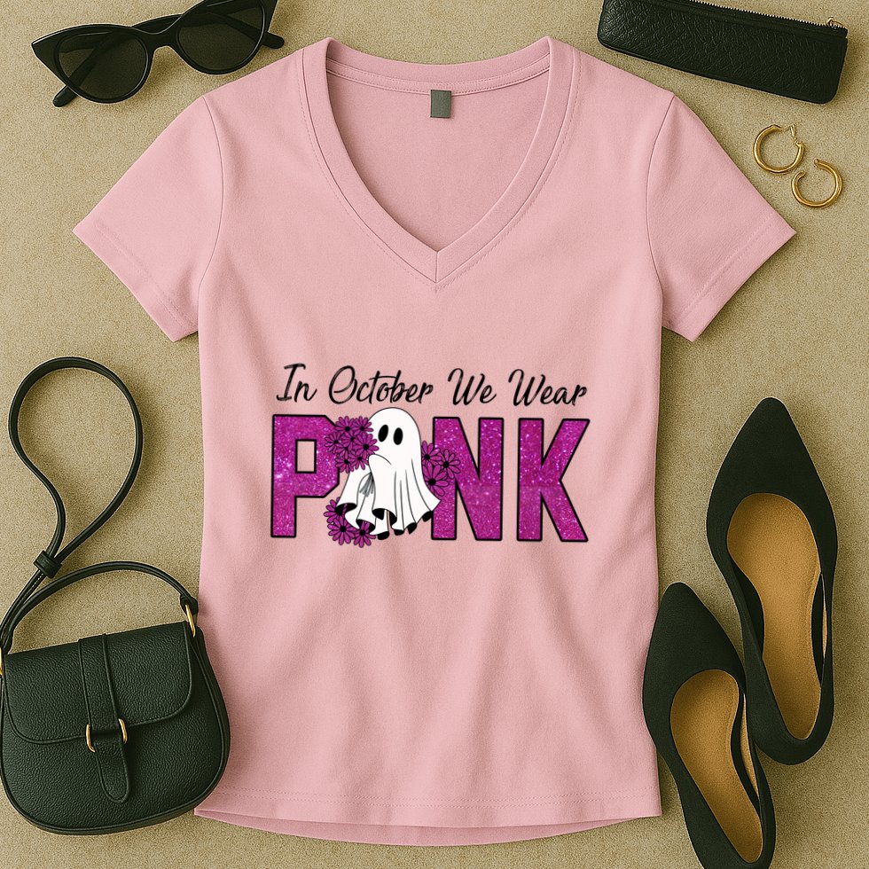 In October We Wear Pink Breast Cancer Awareness Halloween Women's V-Neck T-Shirt
