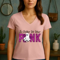 In October We Wear Pink Breast Cancer Awareness Halloween Women's V-Neck T-Shirt