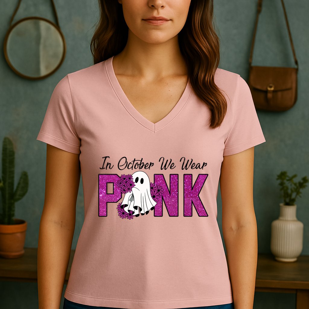 In October We Wear Pink Breast Cancer Awareness Halloween Women's V-Neck T-Shirt