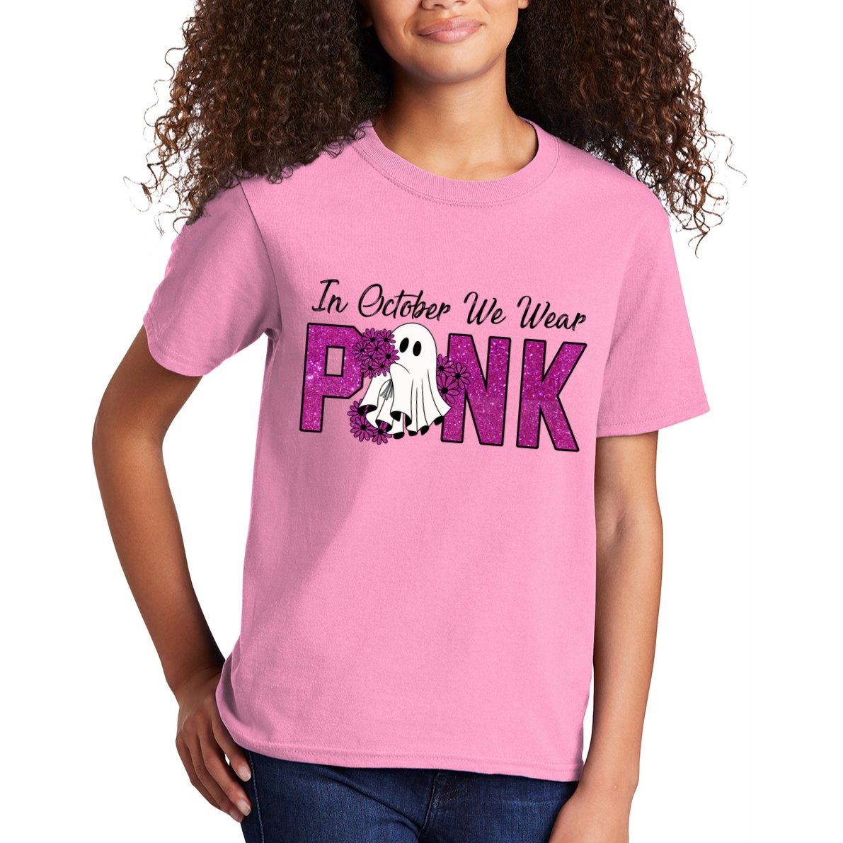 In October We Wear Pink Breast Cancer Awareness Halloween Kids T-Shirt