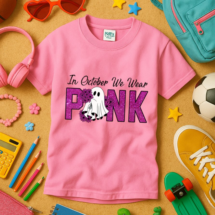 In October We Wear Pink Breast Cancer Awareness Halloween Kids T-Shirt