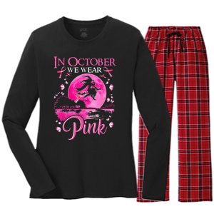 In October We Wear Pink Ribbon Witch Halloween Breast Cancer Women's Long Sleeve Flannel Pajama Set 