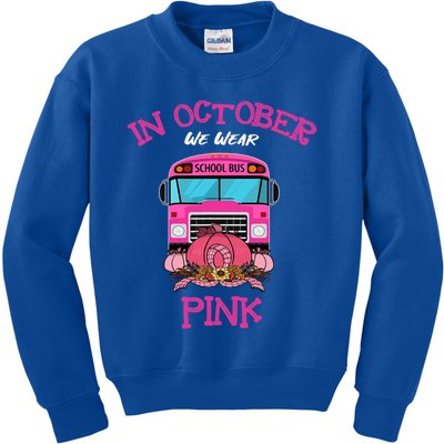 In October We Wear Pink Pumpkins School Bus Breast Cancer Gift Kids Sweatshirt