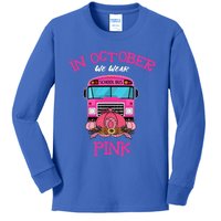 In October We Wear Pink Pumpkins School Bus Breast Cancer Gift Kids Long Sleeve Shirt