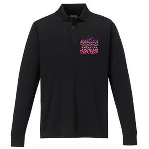 In October We Wear Pink Sugar Skull Halloween Breast Cancer Performance Long Sleeve Polo