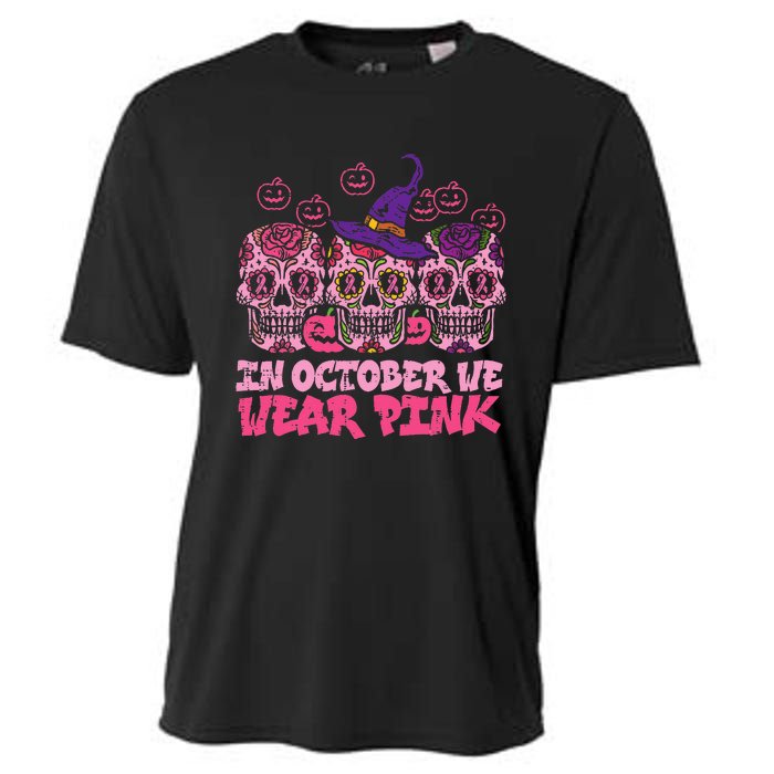 In October We Wear Pink Sugar Skull Halloween Breast Cancer Cooling Performance Crew T-Shirt