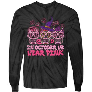 In October We Wear Pink Sugar Skull Halloween Breast Cancer Tie-Dye Long Sleeve Shirt