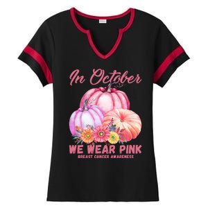 In October We Wear Pink Breast Cancer Awareness Pumpkin Patch Ladies Halftime Notch Neck Tee