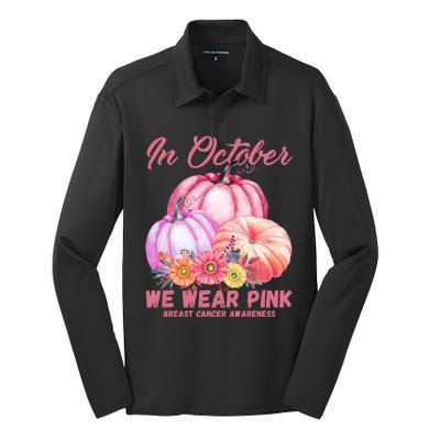 In October We Wear Pink Breast Cancer Awareness Pumpkin Patch Silk Touch Performance Long Sleeve Polo