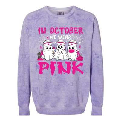 In October We Wear Nurse Ghost Halloween Breast Cancer Colorblast Crewneck Sweatshirt