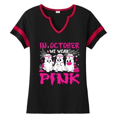 In October We Wear Nurse Ghost Halloween Breast Cancer Ladies Halftime Notch Neck Tee