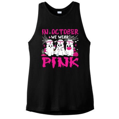 In October We Wear Nurse Ghost Halloween Breast Cancer Ladies PosiCharge Tri-Blend Wicking Tank