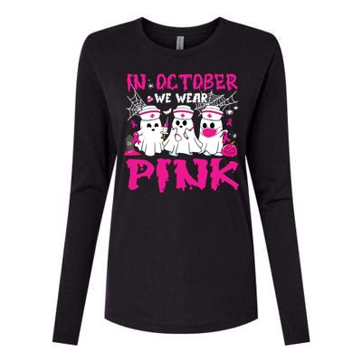 In October We Wear Nurse Ghost Halloween Breast Cancer Womens Cotton Relaxed Long Sleeve T-Shirt