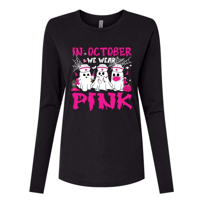 In October We Wear Nurse Ghost Halloween Breast Cancer Womens Cotton Relaxed Long Sleeve T-Shirt