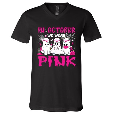 In October We Wear Nurse Ghost Halloween Breast Cancer V-Neck T-Shirt