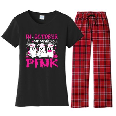 In October We Wear Nurse Ghost Halloween Breast Cancer Women's Flannel Pajama Set