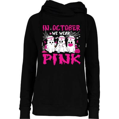 In October We Wear Nurse Ghost Halloween Breast Cancer Womens Funnel Neck Pullover Hood