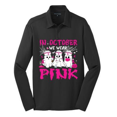 In October We Wear Nurse Ghost Halloween Breast Cancer Silk Touch Performance Long Sleeve Polo