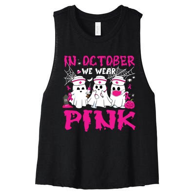 In October We Wear Nurse Ghost Halloween Breast Cancer Women's Racerback Cropped Tank