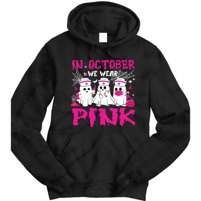 In October We Wear Nurse Ghost Halloween Breast Cancer Tie Dye Hoodie