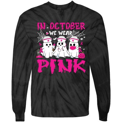 In October We Wear Nurse Ghost Halloween Breast Cancer Tie-Dye Long Sleeve Shirt