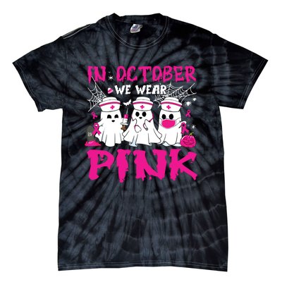 In October We Wear Nurse Ghost Halloween Breast Cancer Tie-Dye T-Shirt