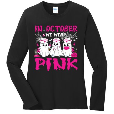 In October We Wear Nurse Ghost Halloween Breast Cancer Ladies Long Sleeve Shirt