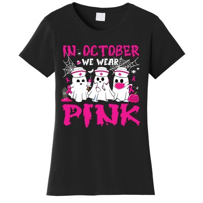 In October We Wear Nurse Ghost Halloween Breast Cancer Women's T-Shirt