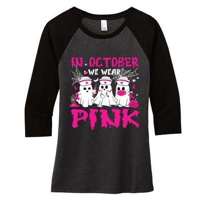 In October We Wear Nurse Ghost Halloween Breast Cancer Women's Tri-Blend 3/4-Sleeve Raglan Shirt