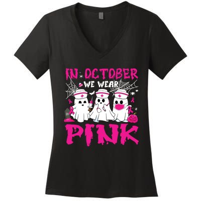 In October We Wear Nurse Ghost Halloween Breast Cancer Women's V-Neck T-Shirt