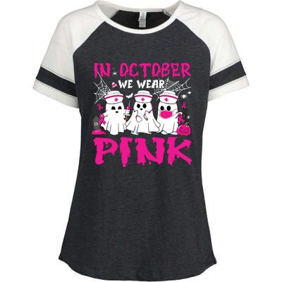 In October We Wear Nurse Ghost Halloween Breast Cancer Enza Ladies Jersey Colorblock Tee