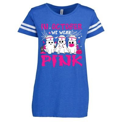 In October We Wear Nurse Ghost Halloween Breast Cancer Enza Ladies Jersey Football T-Shirt