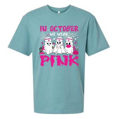 In October We Wear Nurse Ghost Halloween Breast Cancer Sueded Cloud Jersey T-Shirt