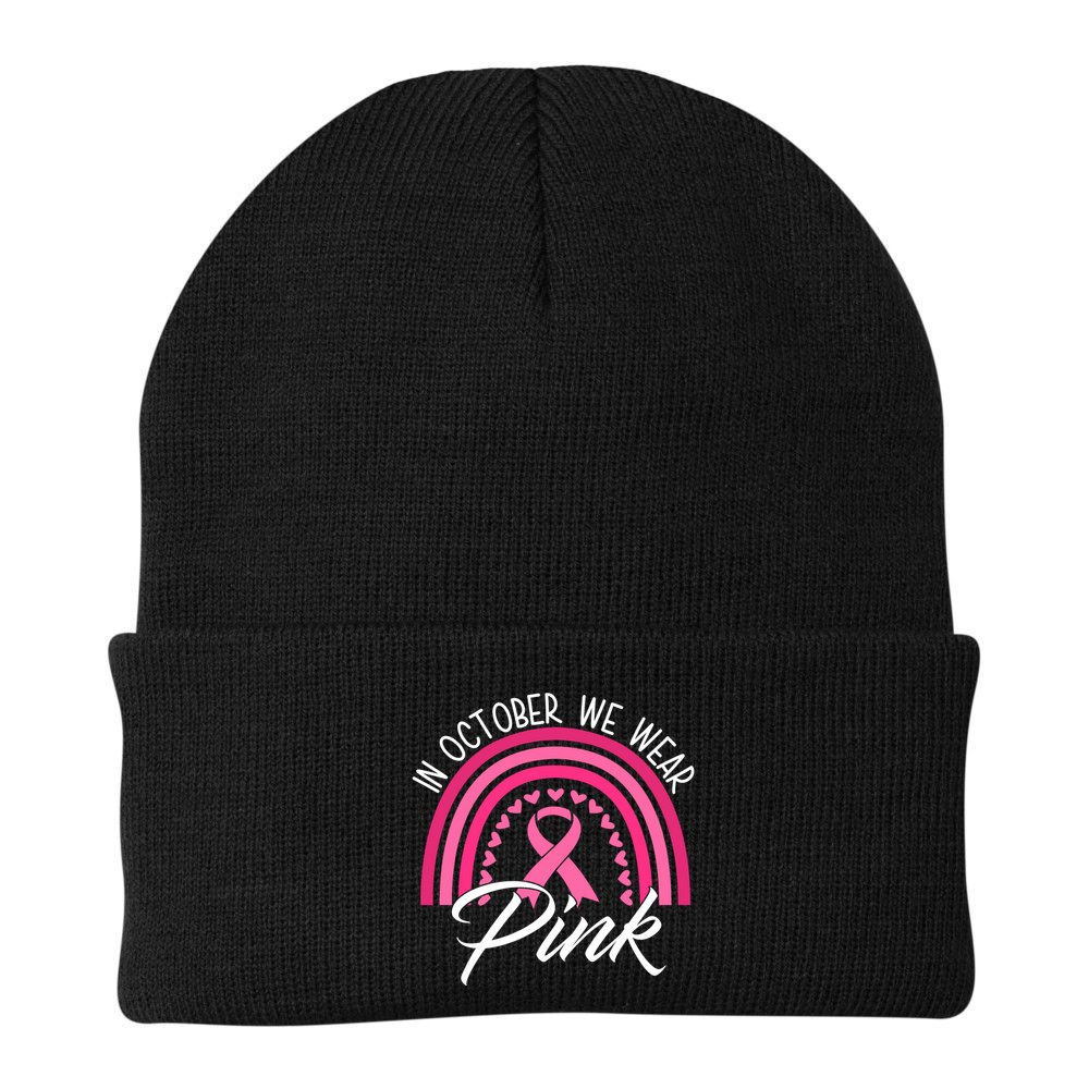 In October We Wear Pink Rainbow Ribbon Breast Cancer Beanie