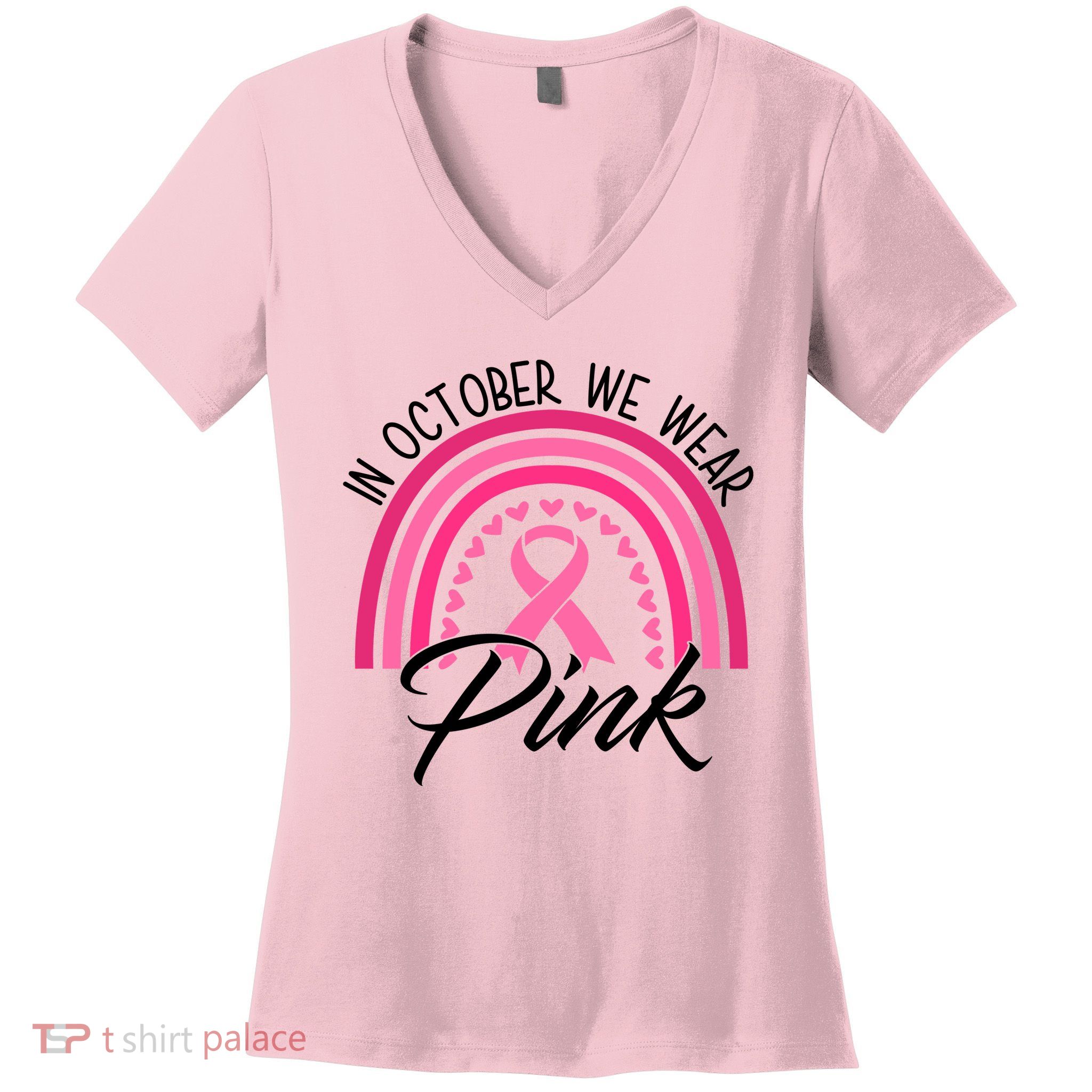 In October We Wear Pink Rainbow Ribbon Breast Cancer Women's V-Neck T-Shirt
