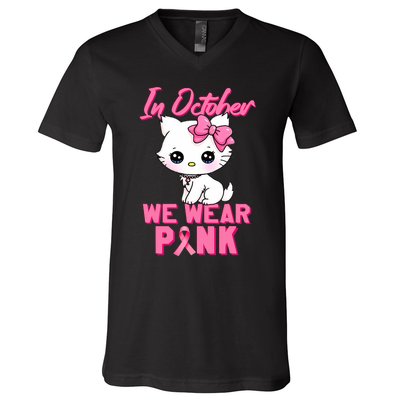 In October We Wear Cat Breast Cancer Awareness V-Neck T-Shirt