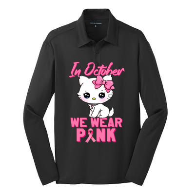 In October We Wear Cat Breast Cancer Awareness Silk Touch Performance Long Sleeve Polo