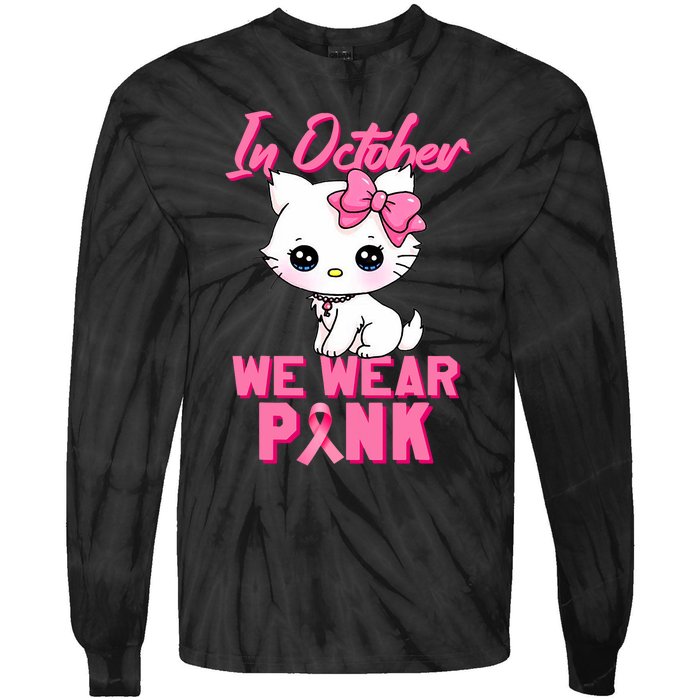 In October We Wear Cat Breast Cancer Awareness Tie-Dye Long Sleeve Shirt