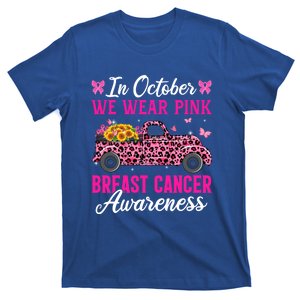 In October We Wear Pink Ribbon Leopard Truck Breast Cancer Cute Gift T-Shirt