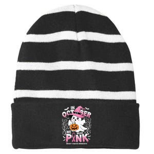 In October We Wear Ghost Witch Breast Cancer Awareness Striped Beanie with Solid Band