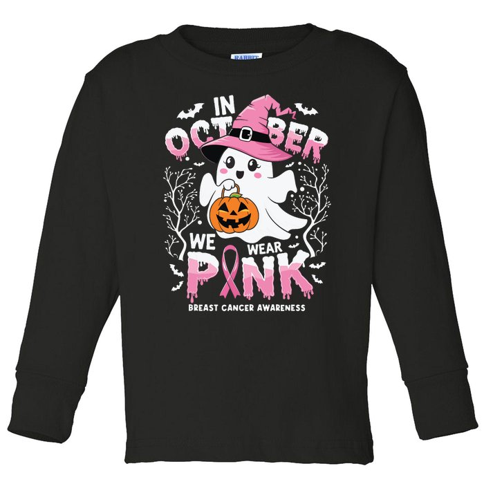 In October We Wear Ghost Witch Breast Cancer Awareness Toddler Long Sleeve Shirt