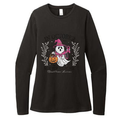 In October We Wear Pin.K Ghost Witch Breast Cancer Awareness Womens CVC Long Sleeve Shirt