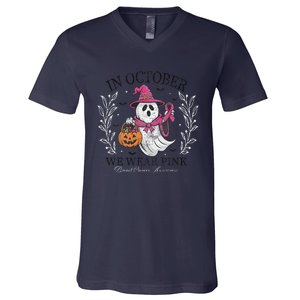 In October We Wear Pin.K Ghost Witch Breast Cancer Awareness V-Neck T-Shirt