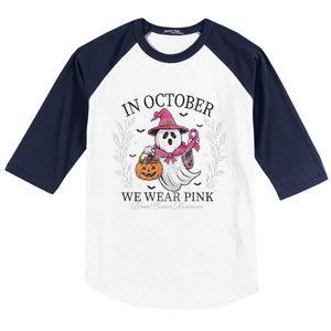 In October We Wear Pin.K Ghost Witch Breast Cancer Awareness Baseball Sleeve Shirt