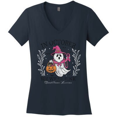 In October We Wear Pin.K Ghost Witch Breast Cancer Awareness Women's V-Neck T-Shirt